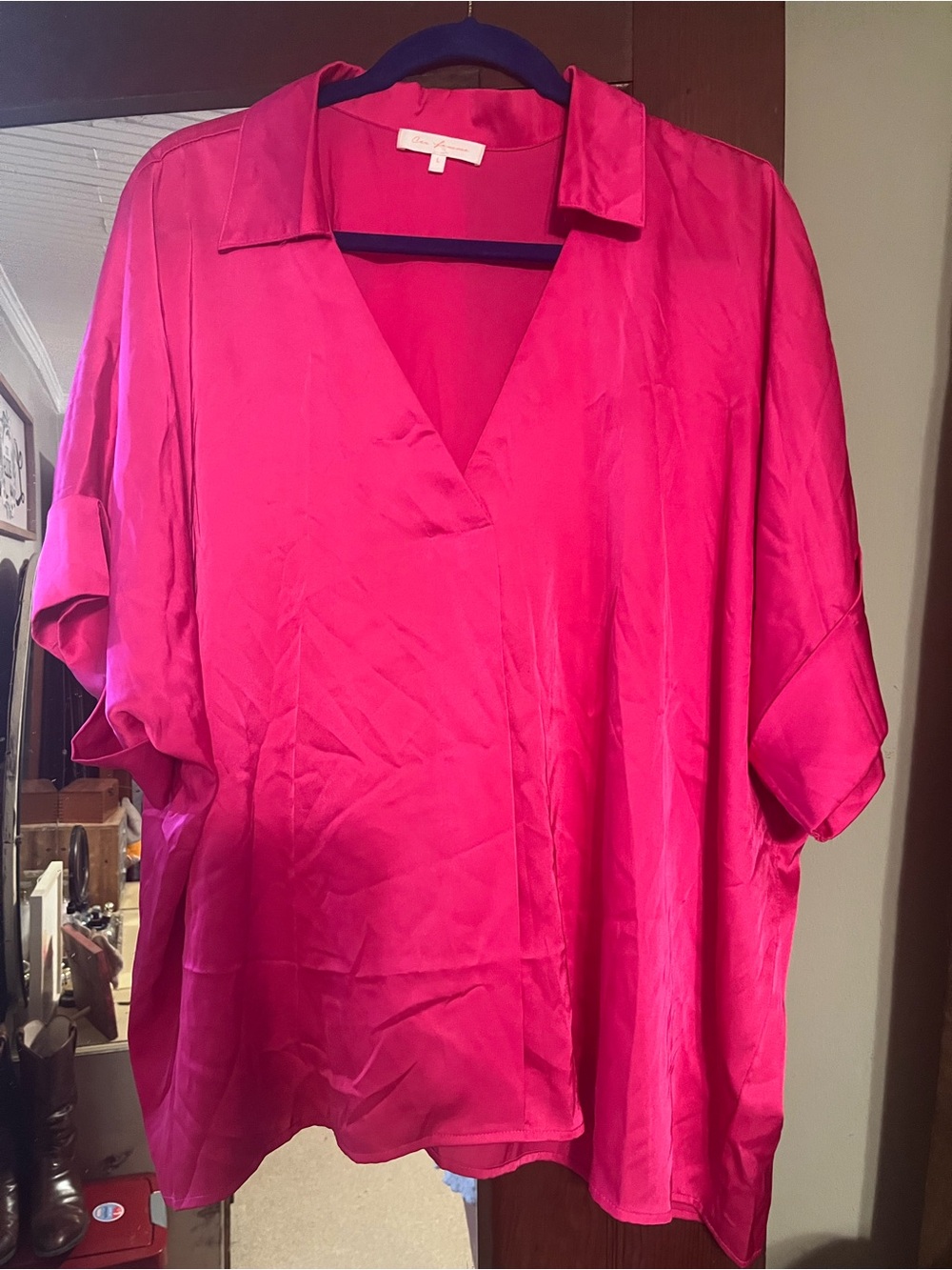 Silky Fuchsia V-Neck Blouse with Collar